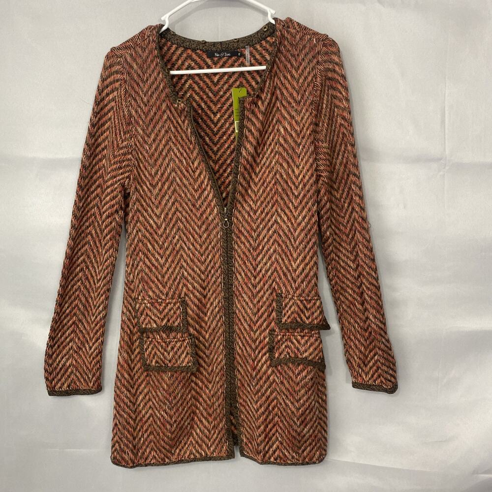 NWT NIC+ZOE Sweater M Cardigan Duster Faux Fur Chevron 70s VTG Style Zip Boho